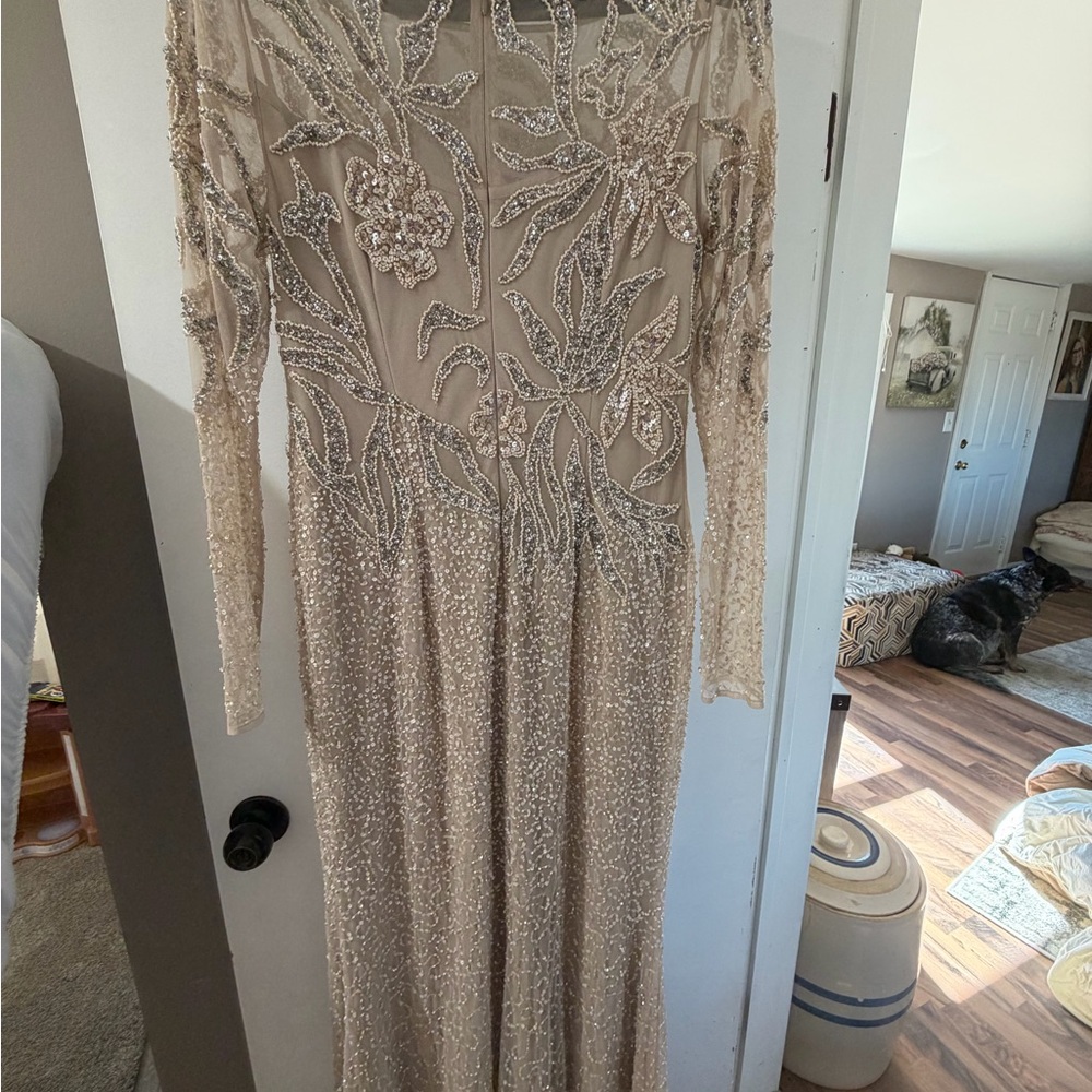 Adrianna Papell Beaded Long Sleeve Dress in Cream size 10